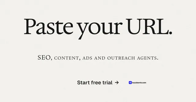 Social ad for BuzzBomb: "Paste your URL." Swiss style, smallcaps layout, light palette in white, grey.
