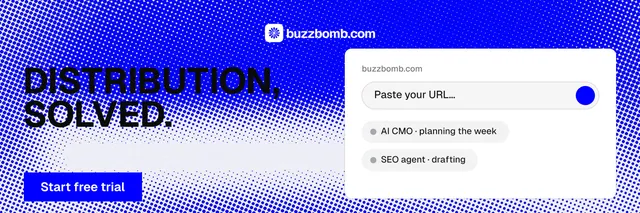 X header for BuzzBomb: "Distribution, solved." Swiss style, bottom layout, light palette in blue, white.