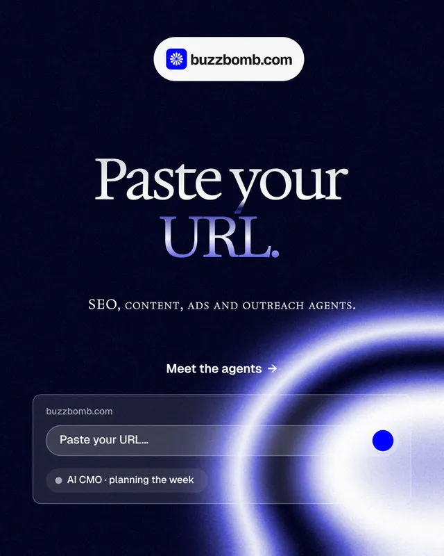 Instagram portrait post for BuzzBomb: "Paste your URL." Agentic glass style, smallcaps layout, dark palette in black, blue.