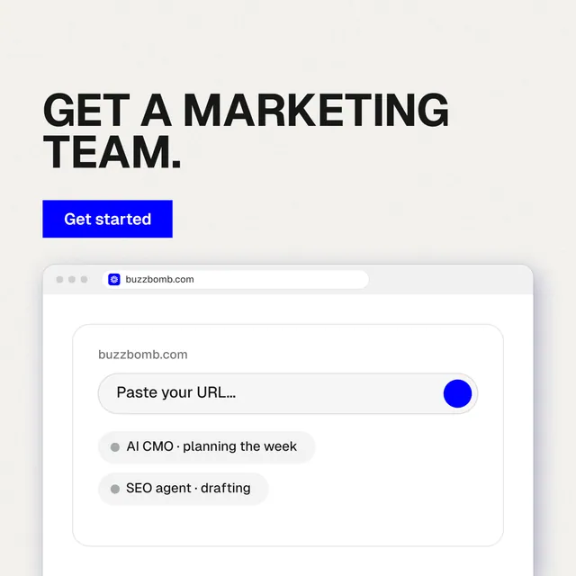 Instagram post for BuzzBomb: "Get a marketing team." Swiss style, browser layout, light palette in white.