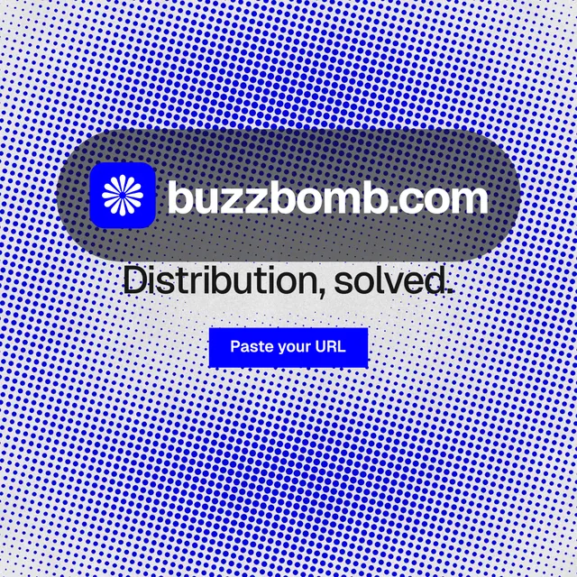 Instagram post for BuzzBomb: "Distribution, solved." Swiss style, logo hero layout, light palette in blue.