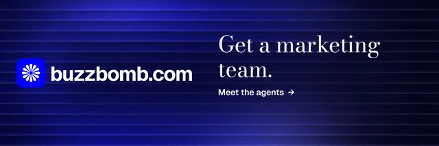 X header for BuzzBomb: "Get a marketing team." Minimal luxury style, logo hero layout, dark palette in black, blue.