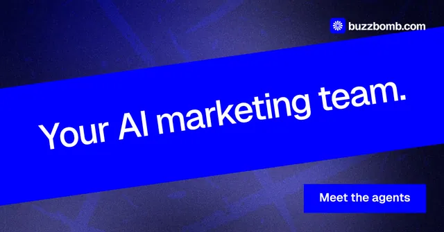 Social ad for BuzzBomb: "Your AI marketing team." Swiss style, diagonal layout, dark palette in blue.
