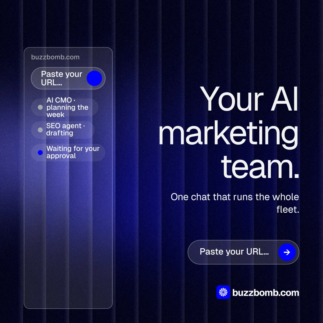 Instagram post for BuzzBomb: "Your AI marketing team." Agentic glass style, right layout, dark palette in black, blue.
