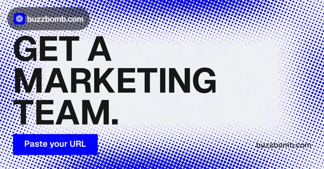 Social ad for BuzzBomb: "Get a marketing team." Swiss style, poster layout, light palette in blue, white.