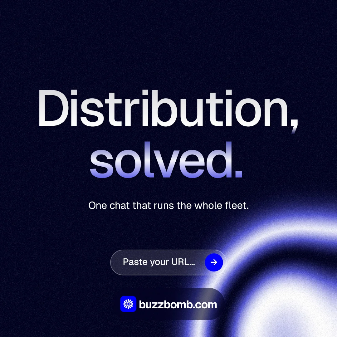 Instagram post for BuzzBomb: "Distribution, solved." Agentic glass style, centred layout, dark palette in black, blue.