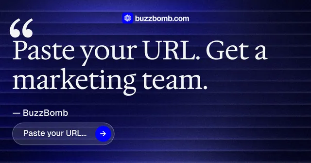 Social ad for BuzzBomb: "Seven agents. One chat." Agentic glass style, quote layout, dark palette in black, blue, grey.