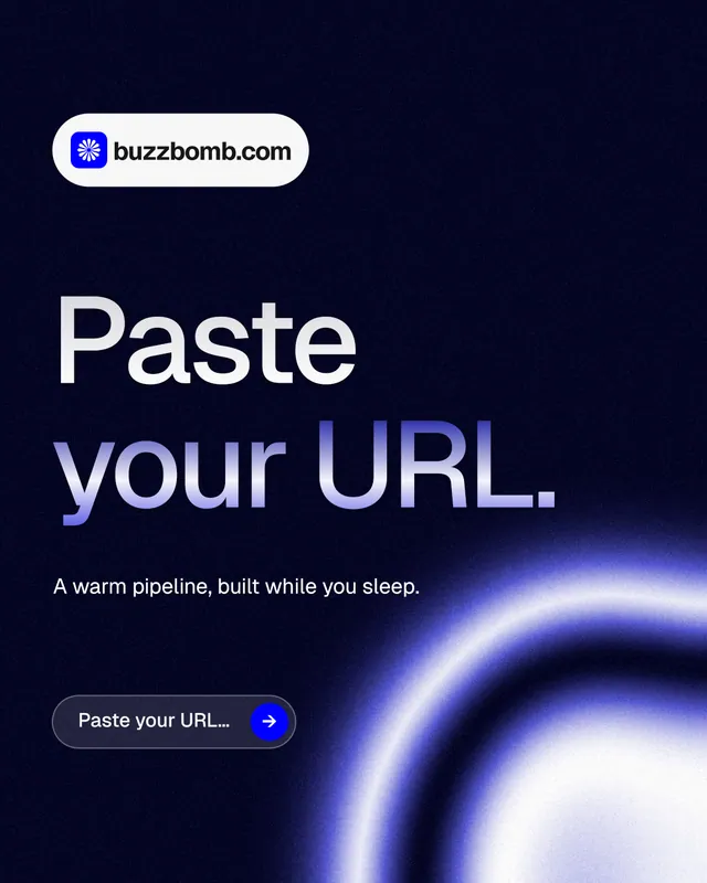 Instagram portrait post for BuzzBomb: "Paste your URL." Agentic glass style, announce layout, dark palette in black, grey.