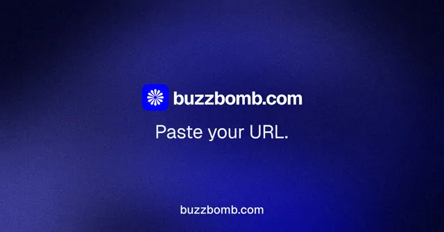 Social ad for BuzzBomb: "Paste your URL." Agentic glass style, end card layout, dark palette in blue.