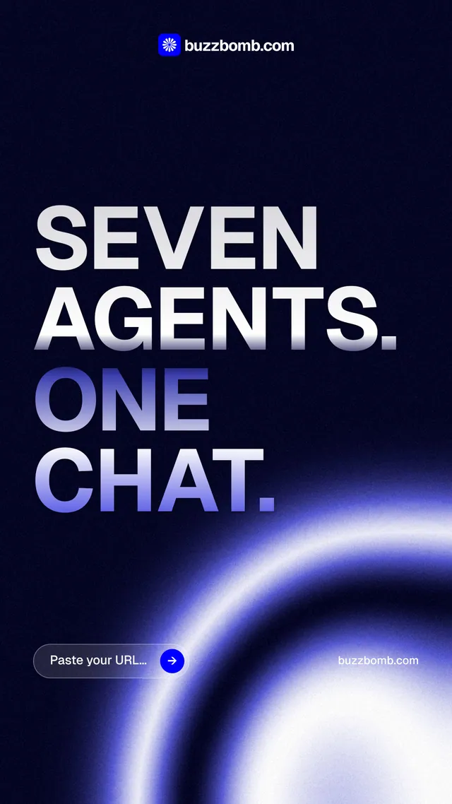Instagram story for BuzzBomb: "Seven agents. One chat." Agentic glass style, poster layout, dark palette in black, blue.