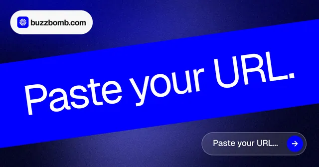 Social ad for BuzzBomb: "Paste your URL." Agentic glass style, diagonal layout, dark palette in blue.