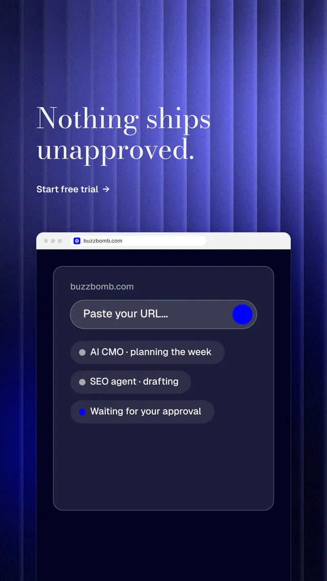 Instagram story for BuzzBomb: "Nothing ships unapproved." Minimal luxury style, browser layout, dark palette in blue, black.