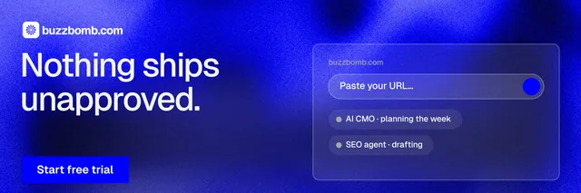 X header for BuzzBomb: "Nothing ships unapproved." Swiss style, bottom layout, dark palette in blue.