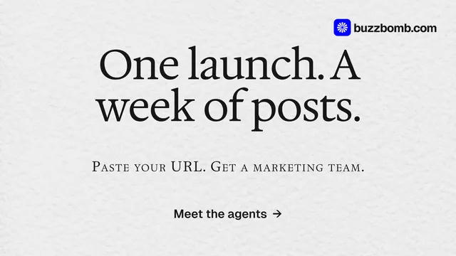 Landscape graphic for BuzzBomb: "One launch. A week of posts." Editorial style, smallcaps layout, light palette in white, grey.
