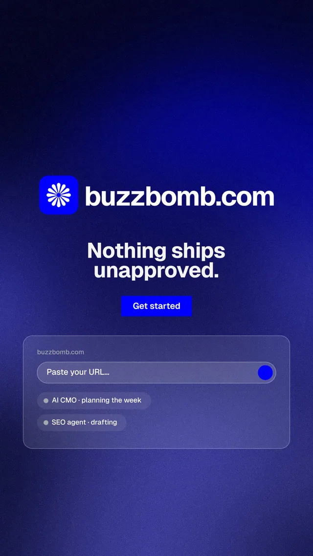 Instagram story for BuzzBomb: "Nothing ships unapproved." Swiss style, logo hero layout, dark palette in blue.