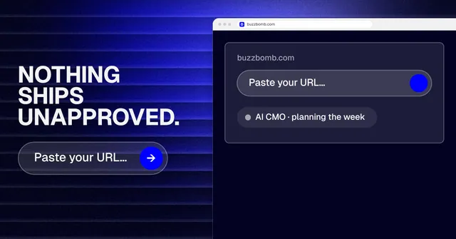 Social ad for BuzzBomb: "Nothing ships unapproved." Agentic glass style, browser layout, dark palette in blue, black.