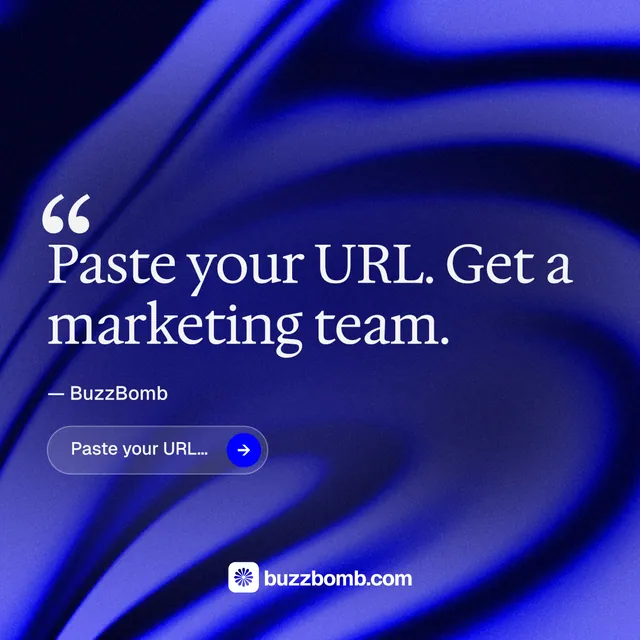 Instagram post for BuzzBomb: "One launch. A week of posts." Agentic glass style, quote layout, dark palette in blue.