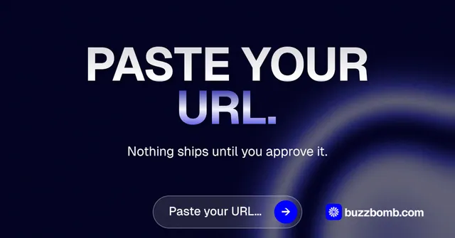 Social ad for BuzzBomb: "Paste your URL." Agentic glass style, centred layout, dark palette in black, grey, blue.