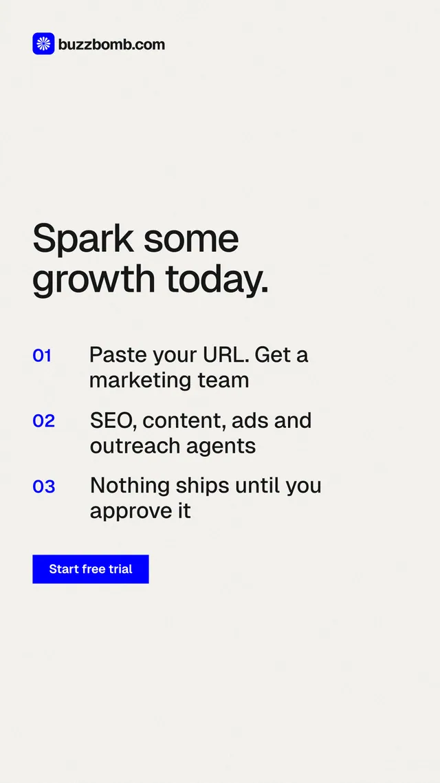 Instagram story for BuzzBomb: "Spark some growth today." Swiss style, numbered layout, light palette in white.