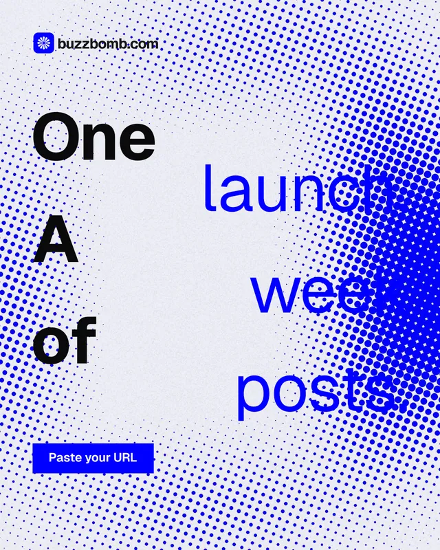 Instagram portrait post for BuzzBomb: "One launch. A week of posts." Split block style, stacked layout, light palette in blue, white.
