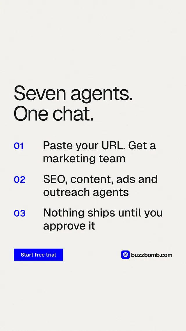 Instagram story for BuzzBomb: "Seven agents. One chat." Swiss style, numbered layout, light palette in white.