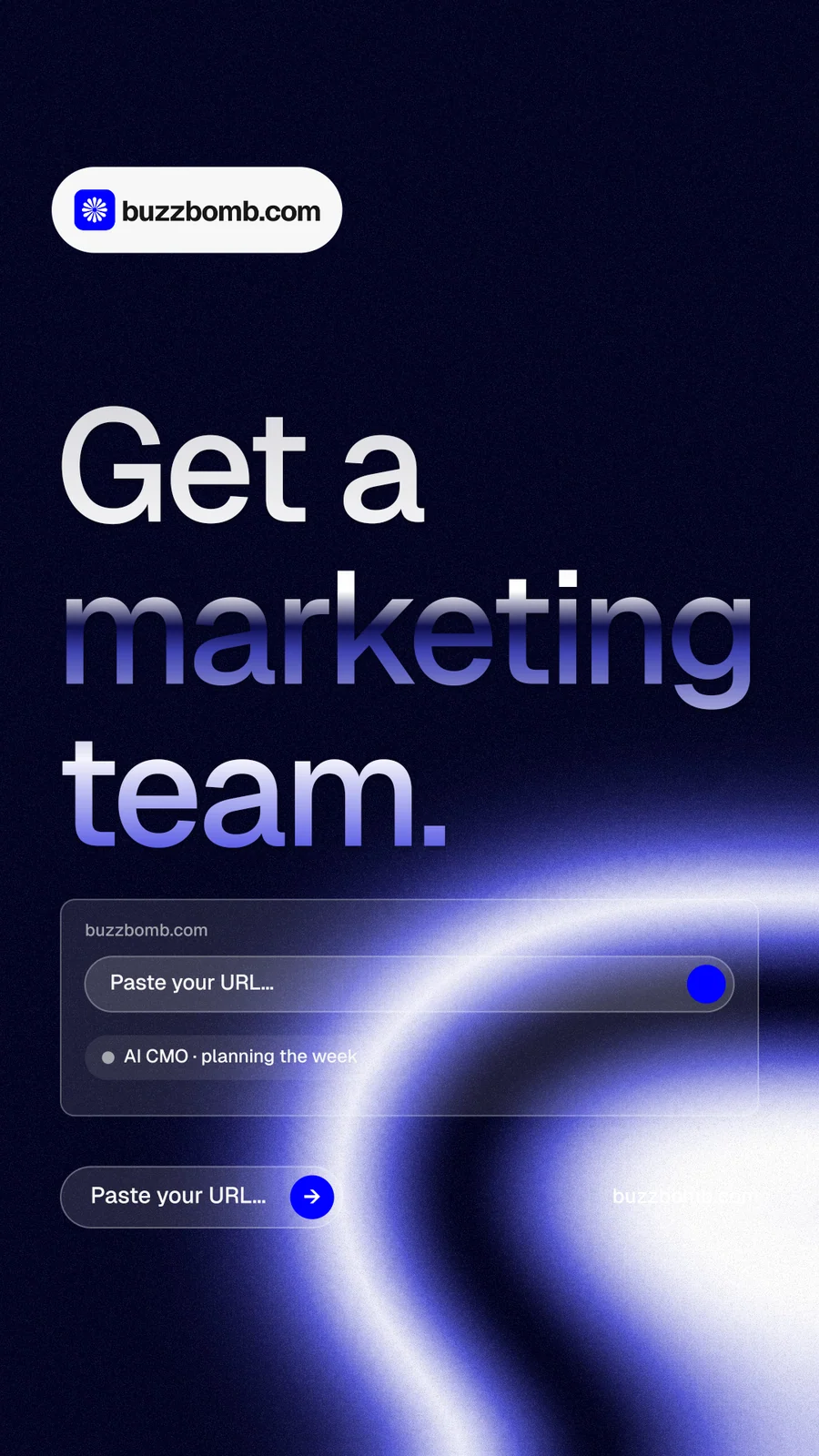 Instagram story for BuzzBomb: "Get a marketing team." Agentic glass style, poster layout, dark palette in black, blue.