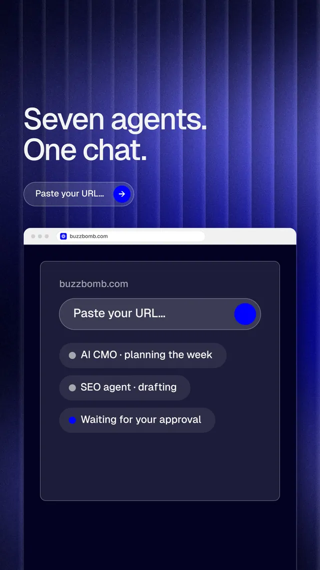 Instagram story for BuzzBomb: "Seven agents. One chat." Agentic glass style, browser layout, dark palette in blue, black.