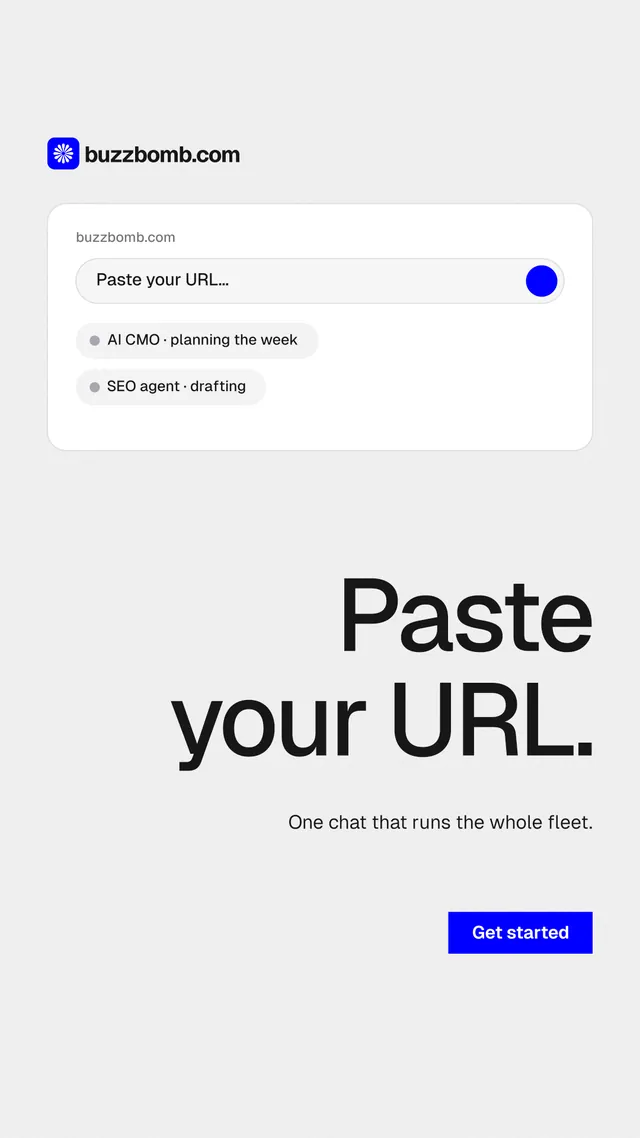 Instagram story for BuzzBomb: "Paste your URL." Swiss style, right layout, light palette in white, grey.
