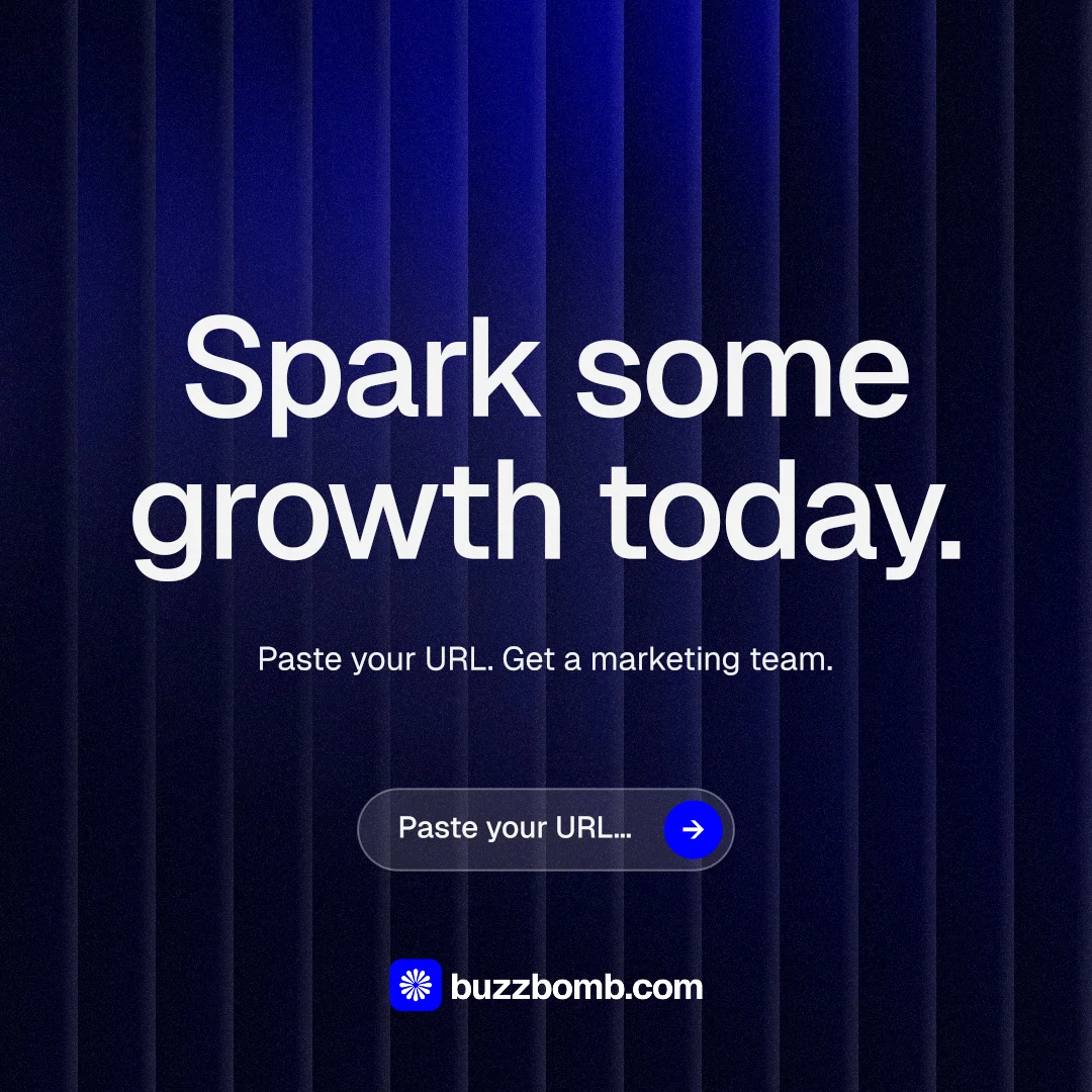 Instagram post for BuzzBomb: "Spark some growth today." Agentic glass style, centred layout, dark palette in black, blue, grey.