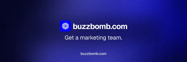 X header for BuzzBomb: "Get a marketing team." Minimal luxury style, end card layout, dark palette in blue.