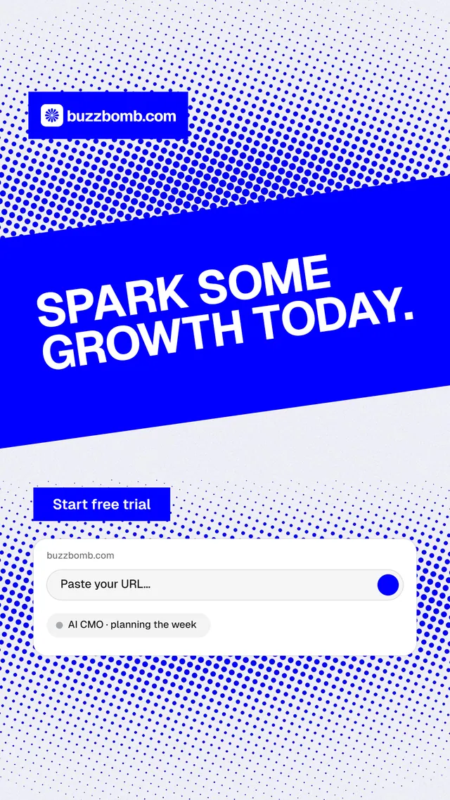 Instagram story for BuzzBomb: "Spark some growth today." Split block style, diagonal layout, light palette in blue, white.