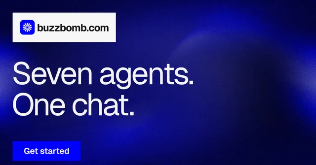 Social ad for BuzzBomb: "Seven agents. One chat." Swiss style, announce layout, dark palette in blue.