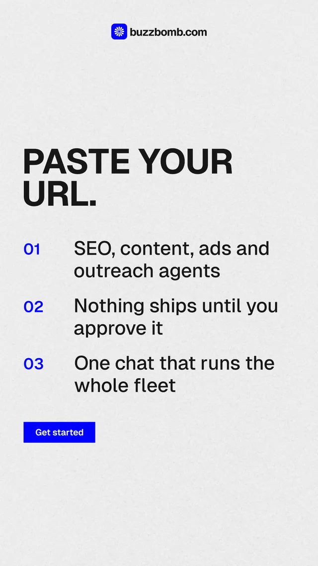 Instagram story for BuzzBomb: "Paste your URL." Swiss style, numbered layout, light palette in white, grey.