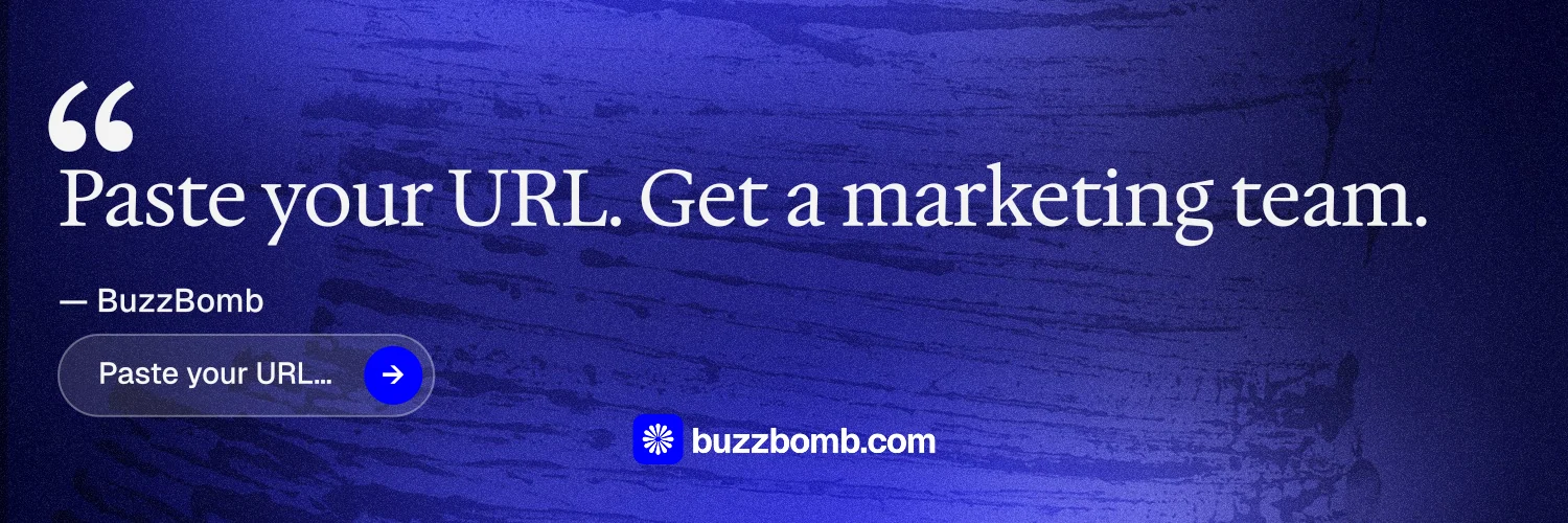 X header for BuzzBomb: "Your AI marketing team." Agentic glass style, quote layout, dark palette in blue.