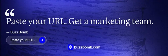 X header for BuzzBomb: "Your AI marketing team." Agentic glass style, quote layout, dark palette in blue.