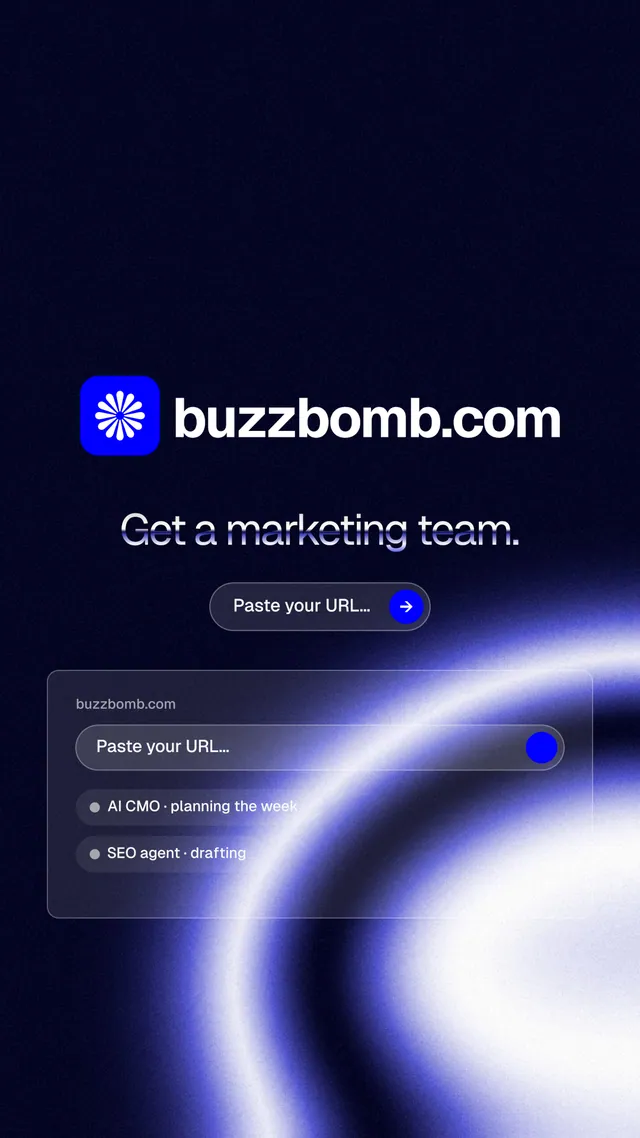 Instagram story for BuzzBomb: "Get a marketing team." Agentic glass style, logo hero layout, dark palette in black, blue.