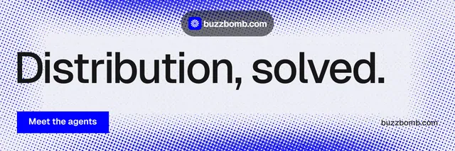X header for BuzzBomb: "Distribution, solved." Swiss style, poster layout, light palette in blue, white.