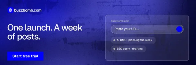 X header for BuzzBomb: "One launch. A week of posts." Swiss style, bottom layout, dark palette in blue.
