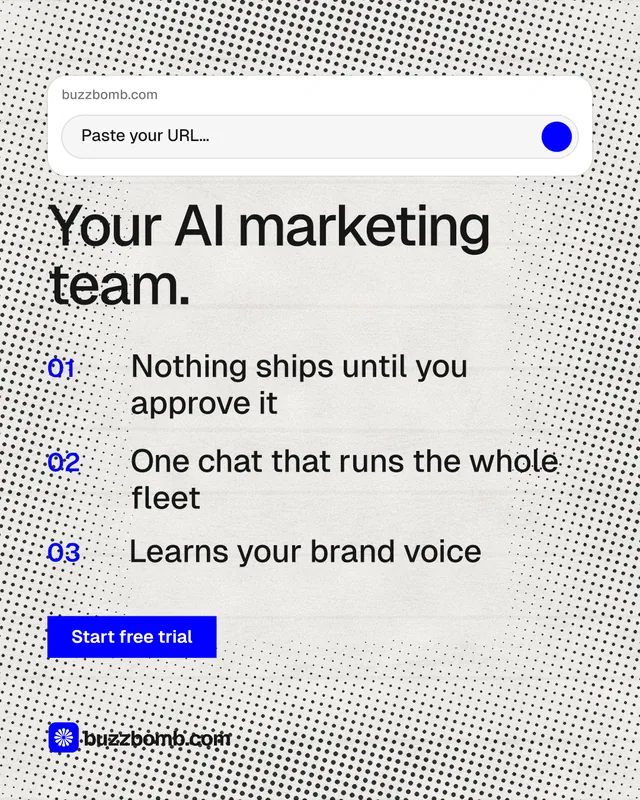Instagram portrait post for BuzzBomb: "Your AI marketing team." Swiss style, numbered layout, light palette in white, grey.