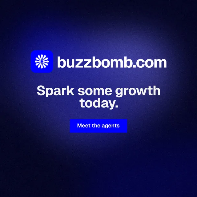 Instagram post for BuzzBomb: "Spark some growth today." Swiss style, logo hero layout, dark palette in black, blue.