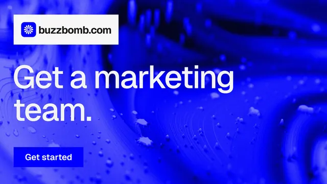 Landscape graphic for BuzzBomb: "Get a marketing team." Swiss style, announce layout, dark palette in blue.