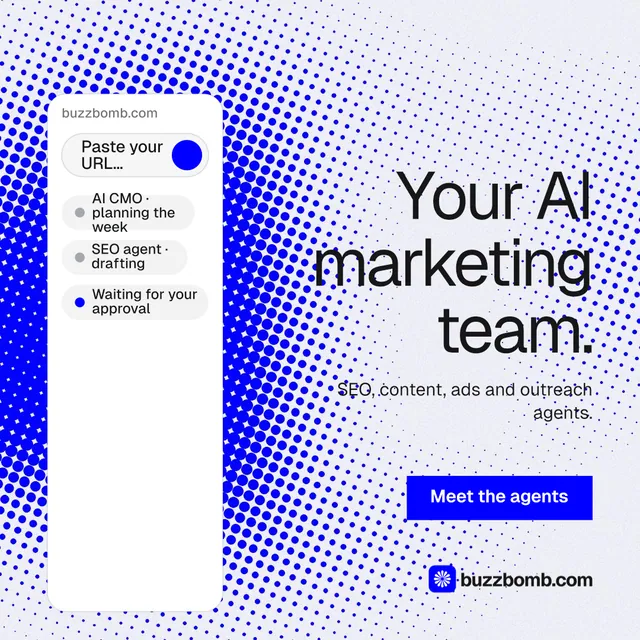 Instagram post for BuzzBomb: "Your AI marketing team." Split block style, right layout, light palette in white, blue.