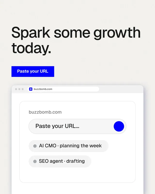 Instagram portrait post for BuzzBomb: "Spark some growth today." Swiss style, browser layout, light palette in white.