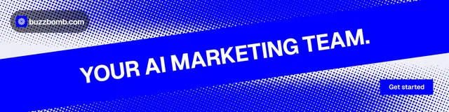 LinkedIn banner for BuzzBomb: "Your AI marketing team." Swiss style, diagonal layout, dark palette in blue.