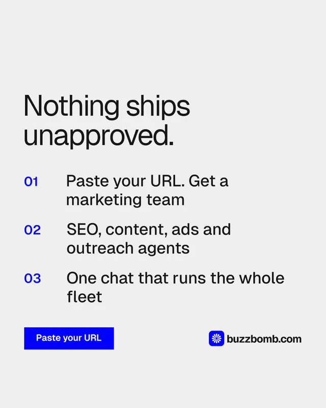 Instagram portrait post for BuzzBomb: "Nothing ships unapproved." Swiss style, numbered layout, light palette in white.