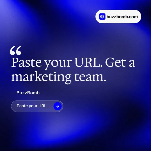 Instagram post for BuzzBomb: "Your AI marketing team." Agentic glass style, quote layout, dark palette in blue.