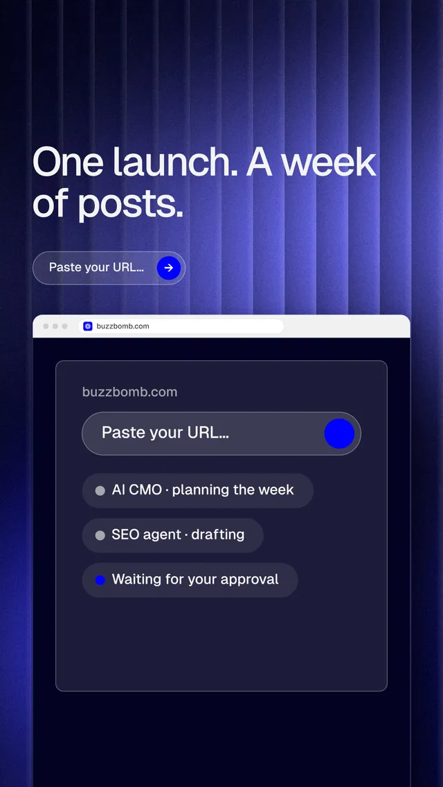 Instagram story for BuzzBomb: "One launch. A week of posts." Agentic glass style, browser layout, dark palette in blue, black.