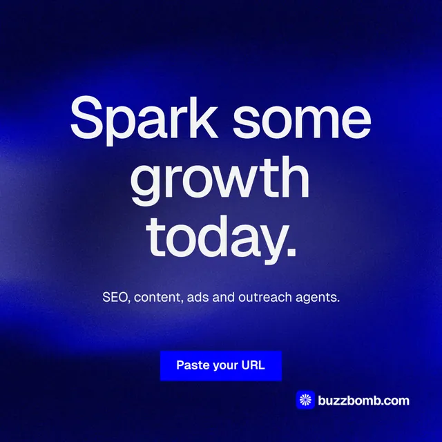 Instagram post for BuzzBomb: "Spark some growth today." Swiss style, centred layout, dark palette in blue.
