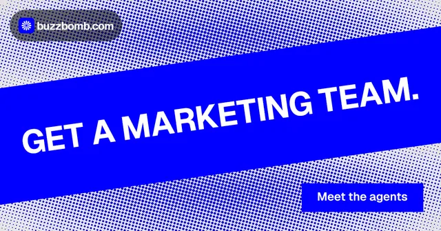 Social ad for BuzzBomb: "Get a marketing team." Swiss style, diagonal layout, dark palette in blue.