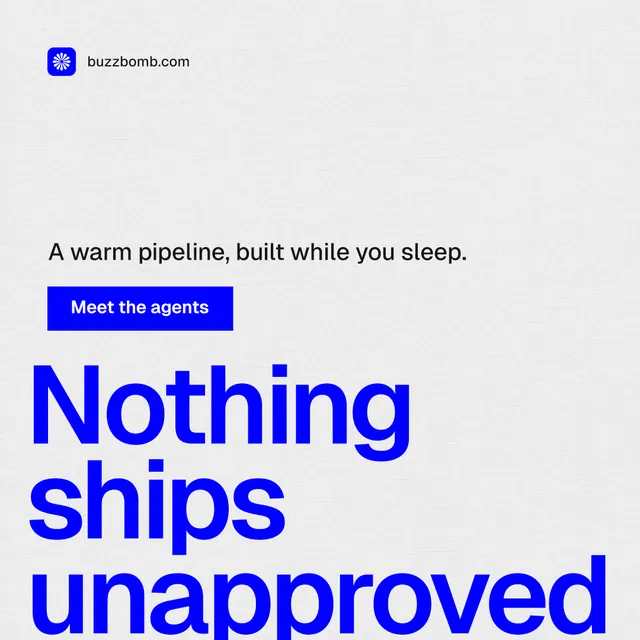 Instagram post for BuzzBomb: "Your AI marketing team." Swiss style, oversized layout, light palette in white, blue.